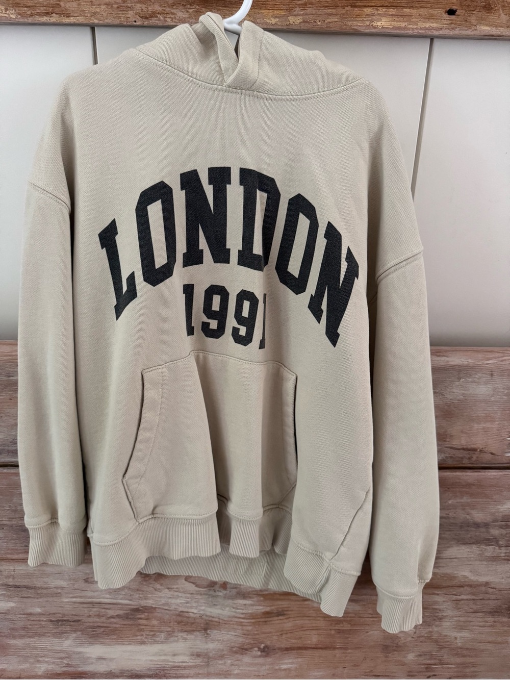 Zara Beige sweatshirt Hoodie with Black 'LONDON 1991' Graphic size 9/10